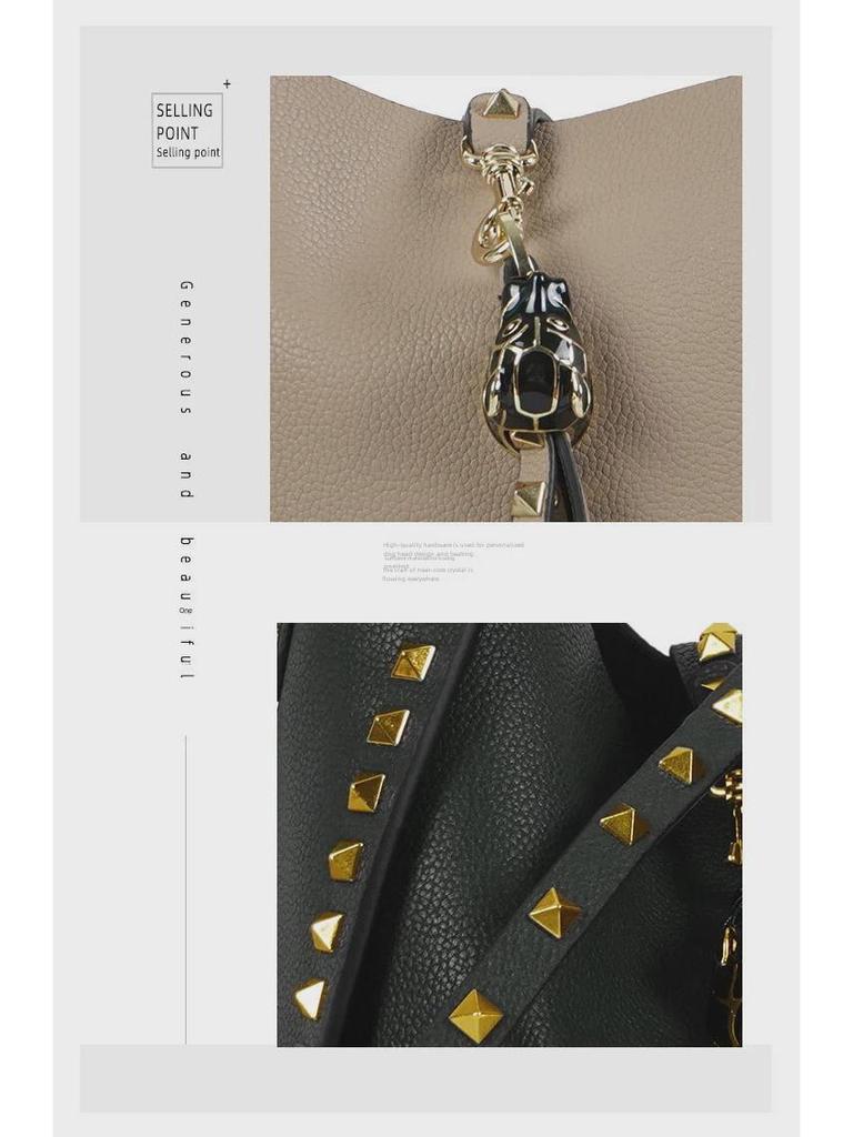 Сумка-ведро из натуральной кожи с заклепками и рисунком в виде головы тигра