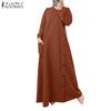 Women Casual V-neck Solid Color Loose Long Sleeve Dress