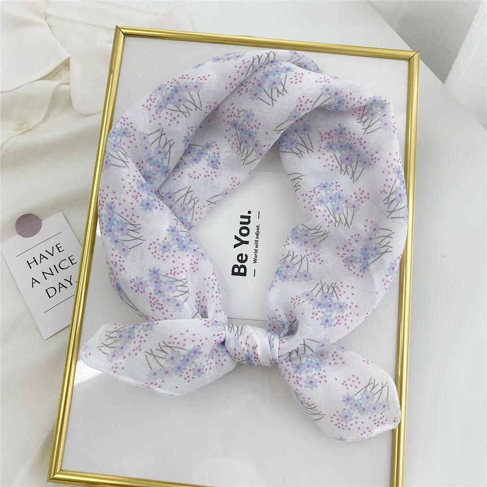 Floral Print Neckerchief Small Hijab Scarfs Women Fashion Handkerchief Neck Scarf Shawls Cotton Blends Korean Hair Scarves 58CM