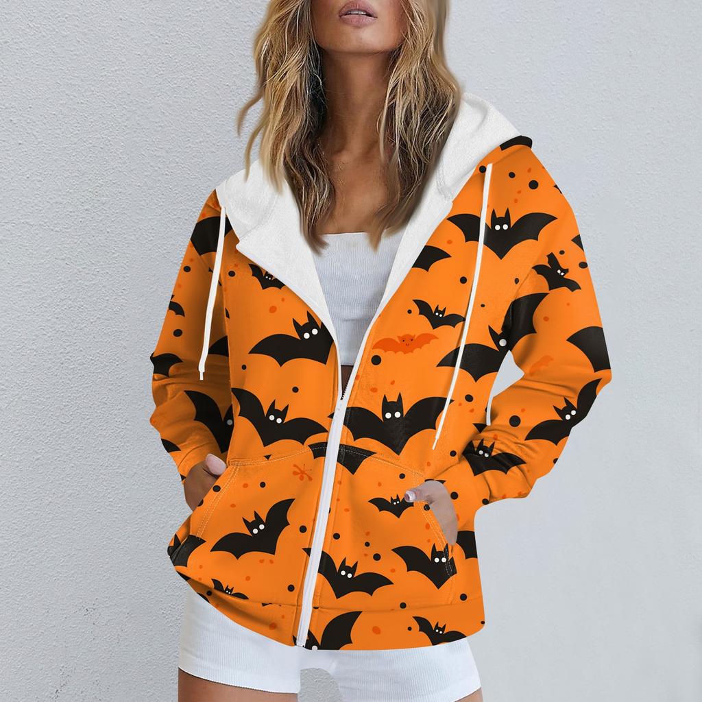 Женская повседневная спортивная одежда с принтом на Хэллоуин, осенне-зимняя куртка с капюшоном и длинными рукавами, с карманом на молнии