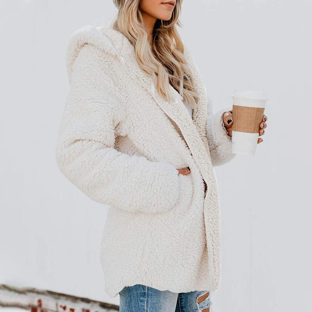 Женская плюшевая куртка, флисовая куртка большого размера, пальто с карманами, открытыми спереди, с капюшоном, пушистый кардиган