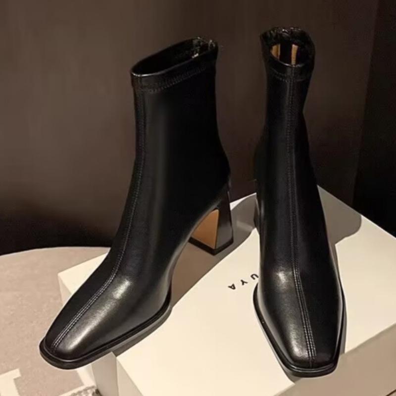 Square Toe Women Ankle Boots Elegant High Heels Leather Shoes Woman Winter 2025 Trend Party Office Shoes Fad Chunky Botas Mujer