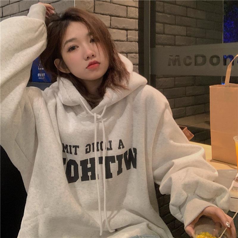 Women's Korean Style Loose Letter Tops for Spring, Autumn and Winter Plus Velvet Hooded Sweatshirt