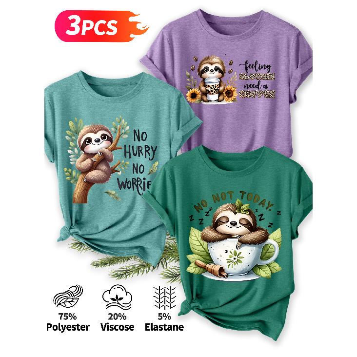 2026 3 Pack Sloth Print Round Neck Women Short Sleeve T Shirts Elegant Casual Holiday Spring Summer Tops