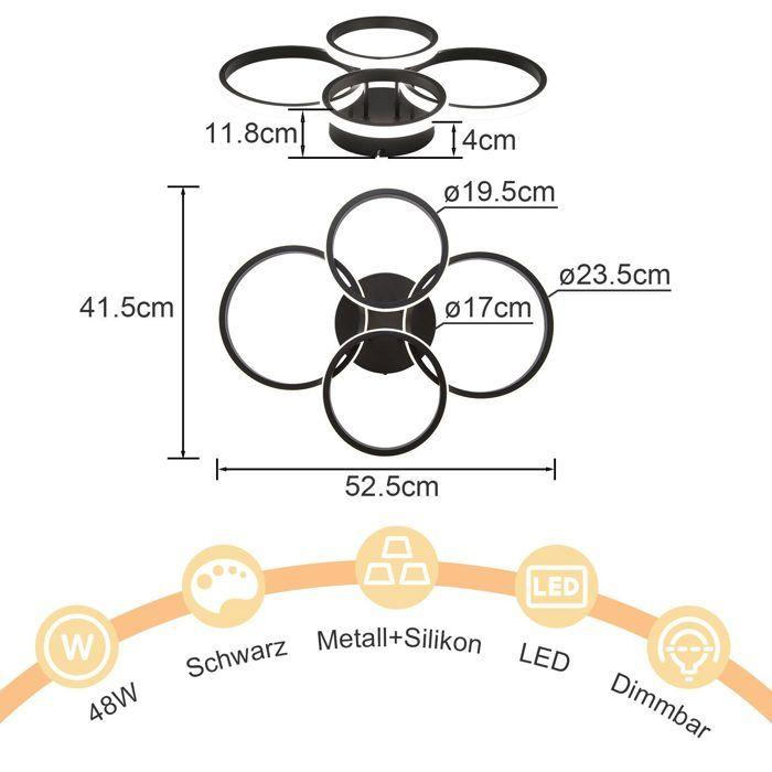 Plafonnier LED - NETTLIFE - 4 anneaux 48W 55 cm - Dimmable - Noir - Télécommande