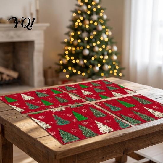 Linen Placemat Set 4Pcs Christmas Set, Cartoon Snowman Gingerbread Gnome Table Heat Insulation Pads Mat, Resistant Place Mat for Holiday Party