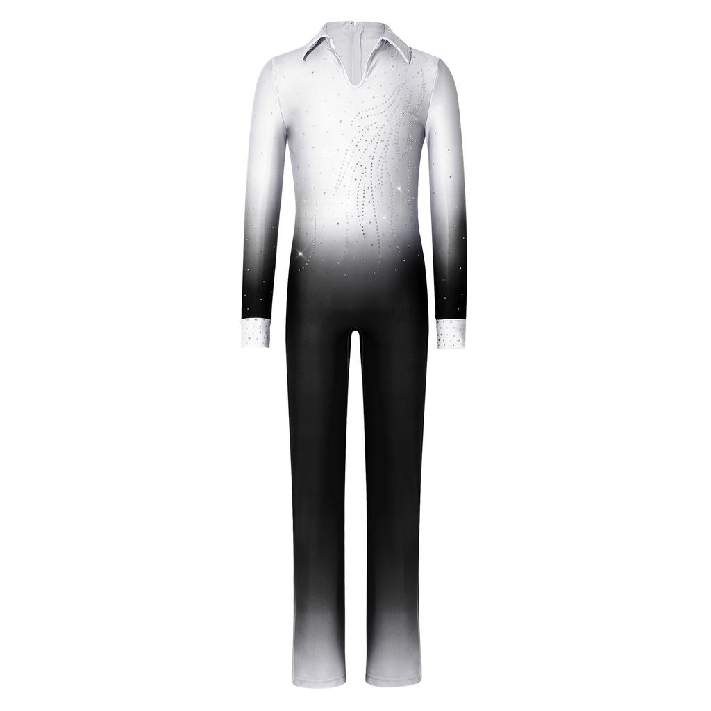 Boys Sparkly Rhinestones Full Body Jumpsuit Long Sleeve Long Pants Color Gradient Figure Skating Dance Bodysuit