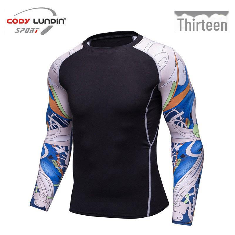 Мужская компрессионная футболка для бега с длинным рукавом и принтом, влагоотводящая, A038