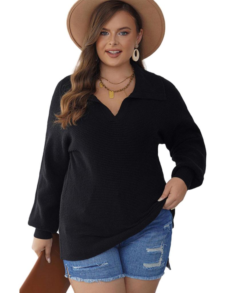 Azura Exchange Black Ribbed Knit Lapel Neck Curvy Sweater