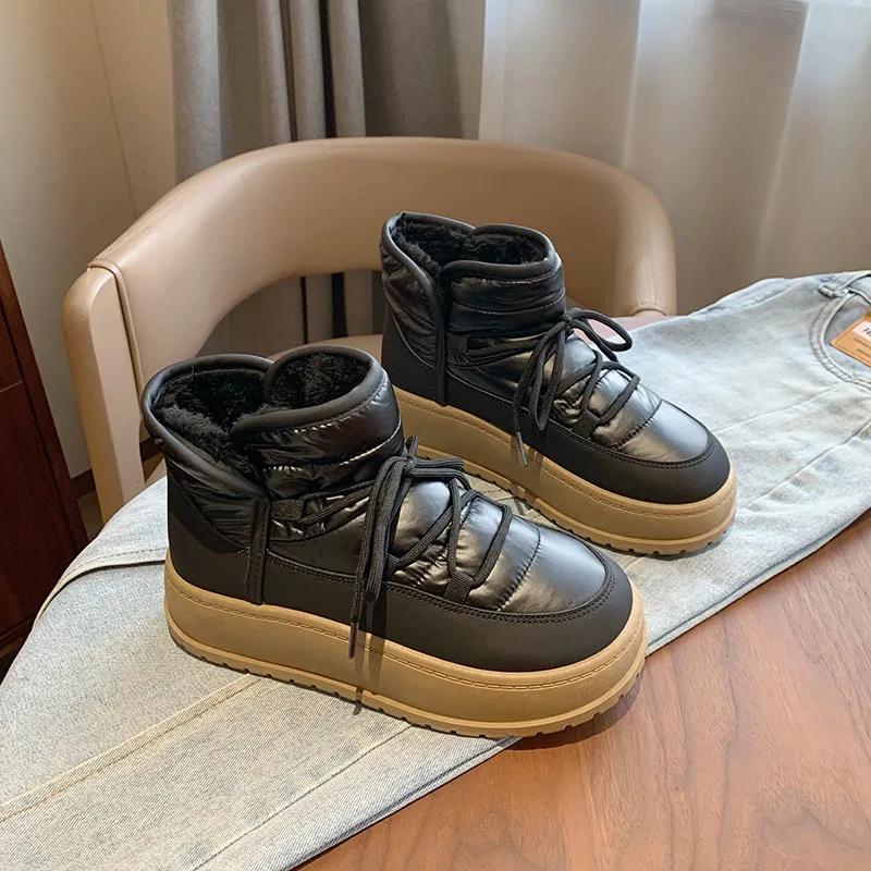 Женские зимние сапоги 2024 Зима Новые Корейская версия Теплые Повседневные Простые Хлопковые Туфли Обувь на платформе