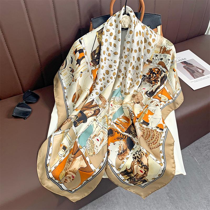 110x110cm Women Silk Square Scarf Hijab Female Design Print Lady Shawl Wraps Foulard Headbands Bufanda Large Bandana Luxury