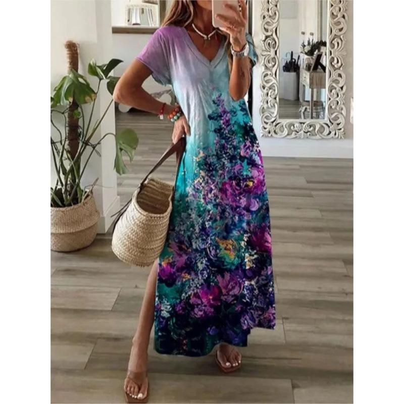 Summer Extra Long Dress Casual V-Neck Long Sleeve Bohemian Peacock Print Floral Dress