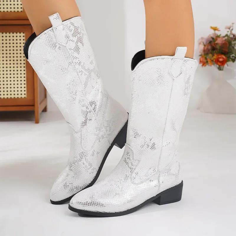 Women Fashion Slip On Knight Boots Ladies Autumn Winter Thick Sole Knight Shoes Pointed Toe Square Heel Embroidered Cowboy Boots