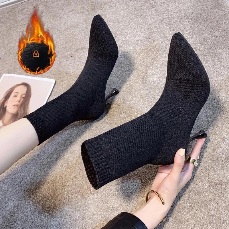 Обувь женская 2024 года, большие размеры, вязаные женские ботильоны, лаконичные эластичные ботинки, женские, с острым носком, на тонком каблуке, женские
