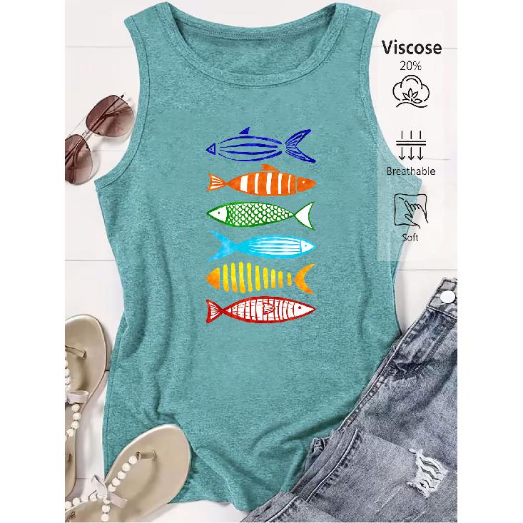 Women's sleeveless vest with watercolor line fish print, premium quality, fun and trendy, suitable for spring and summer.