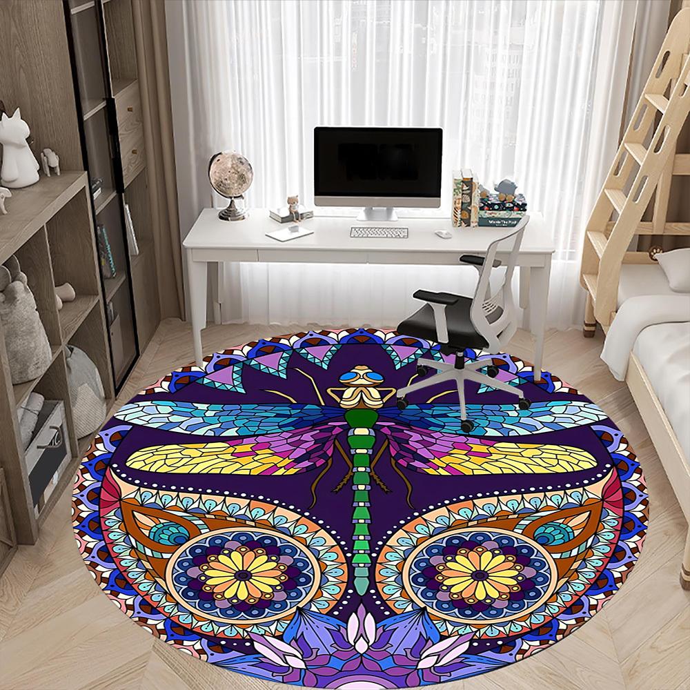 1pc Mandala Dragonfly Office Round Rug, Non-slip, Soft and Durable Office Rug for Interior Decoration, Perfect for Office, Beautiful Decoration yy2603