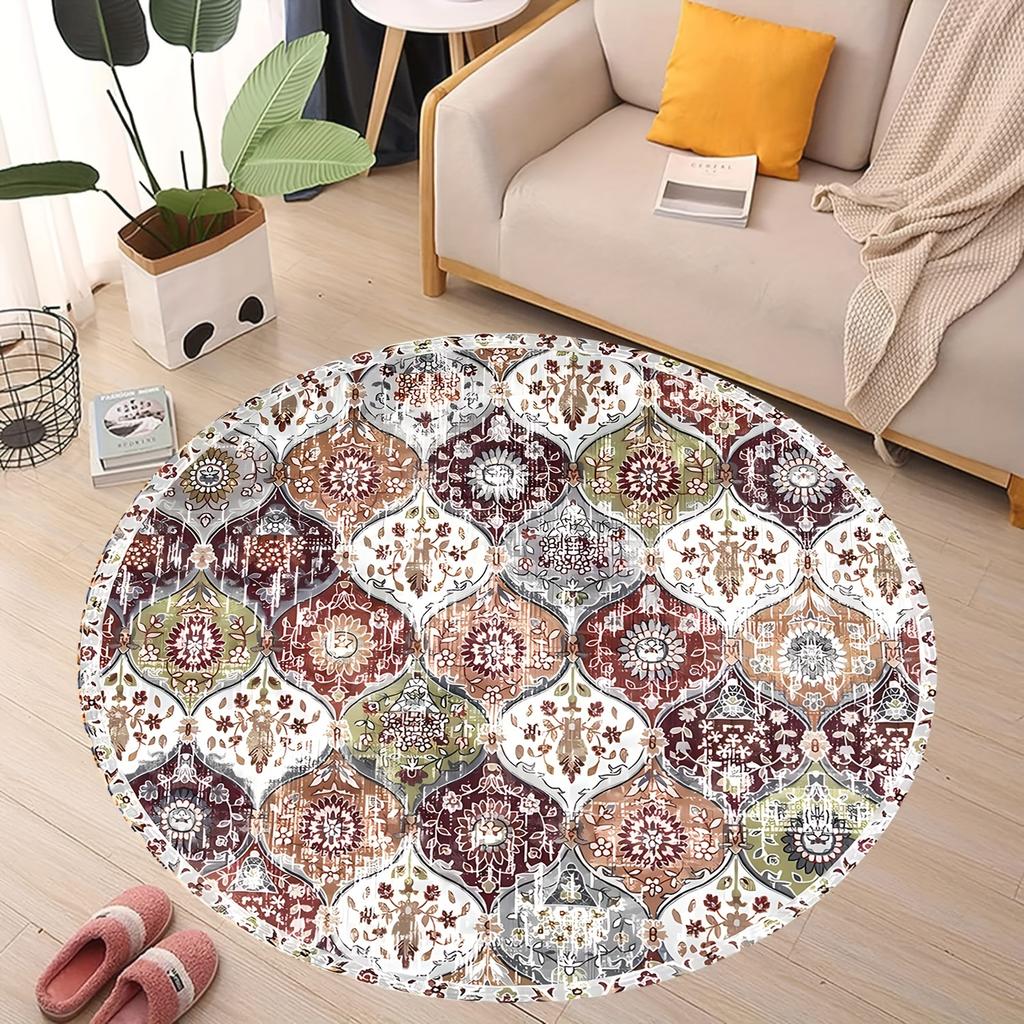 Moroccan Vintage Round Area Rug Bohemian Floral Circular Floor Carpet Retro Geometric Welcome Mat for Living Room Decor