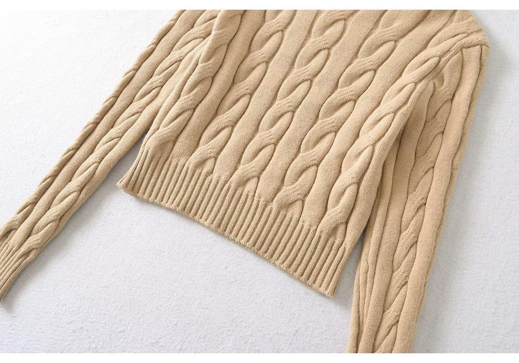 Y6013-26 Spring French Retro Fold-over High Neck Slim Fit Cable Knit Sweater