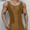 INCERUN Men Sleeveless Solid Color Thin Semi-Sheer Bodysuits Jumpsuits Short Rompers Underwear