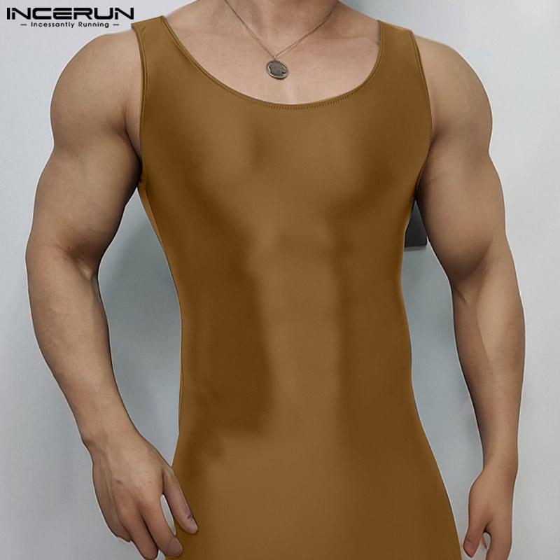 INCERUN Men Sleeveless Solid Color Thin Semi-Sheer Bodysuits Jumpsuits Short Rompers Underwear