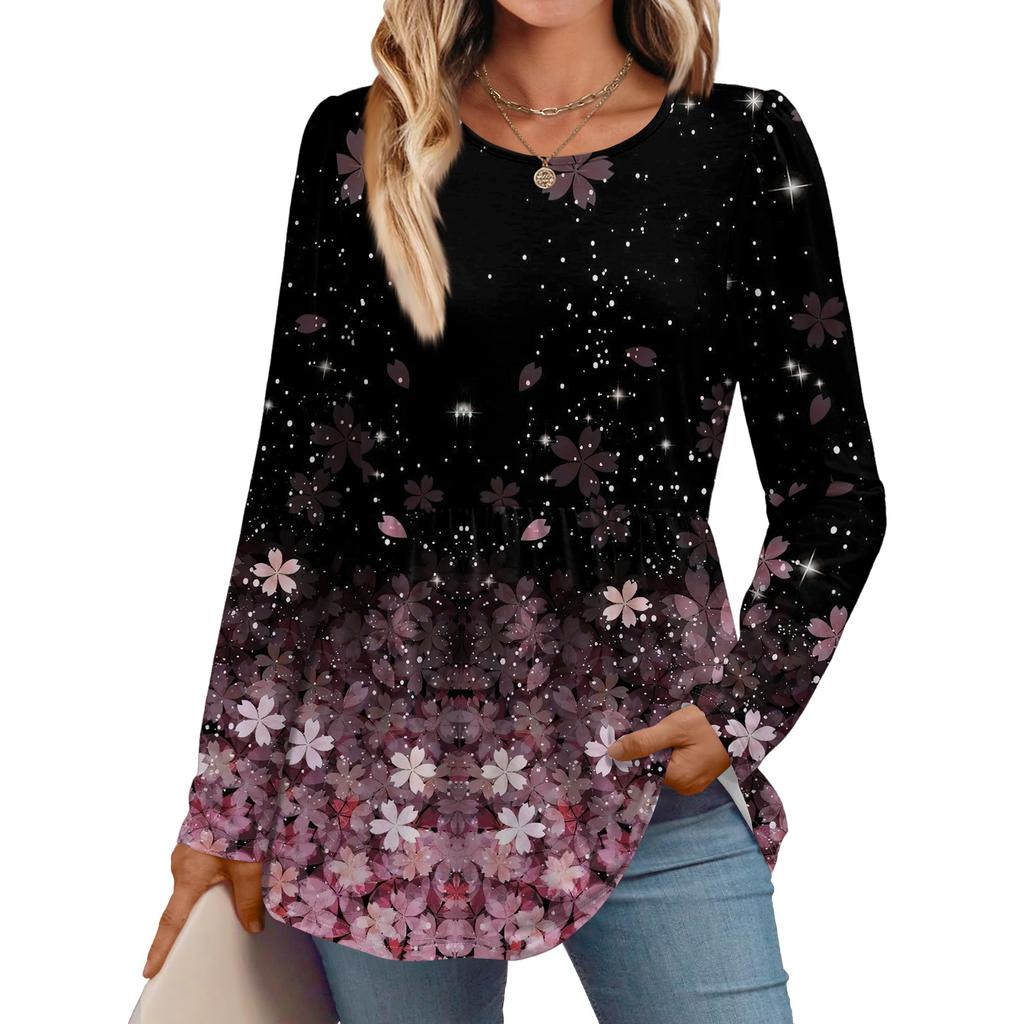 Women's Casual Fashion Long Sleeve Shirt Floral Printed Tunic Top