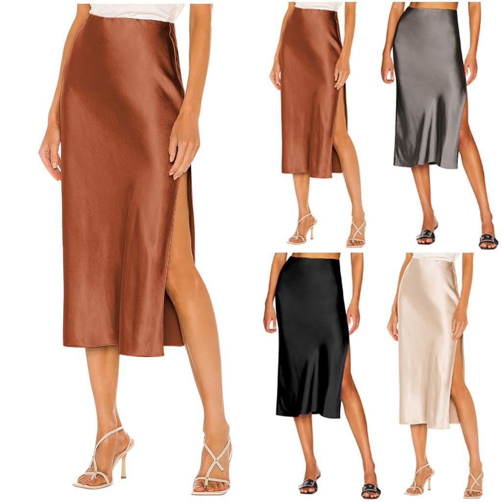Women's High-Quality Satin Half Skirt With Elastic High Waist Solid Color Split Mid Length Skirt
