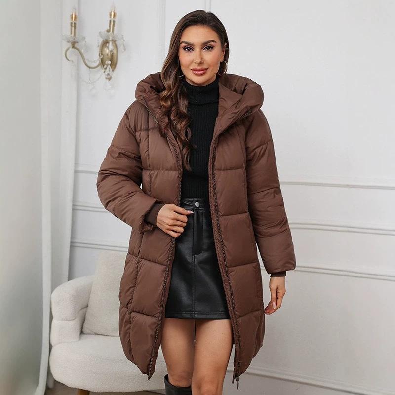 Autumn and winter new medium and long models, thickened and upgraded large size casual hooded solid color cold-proof cotton jacket for women in stock