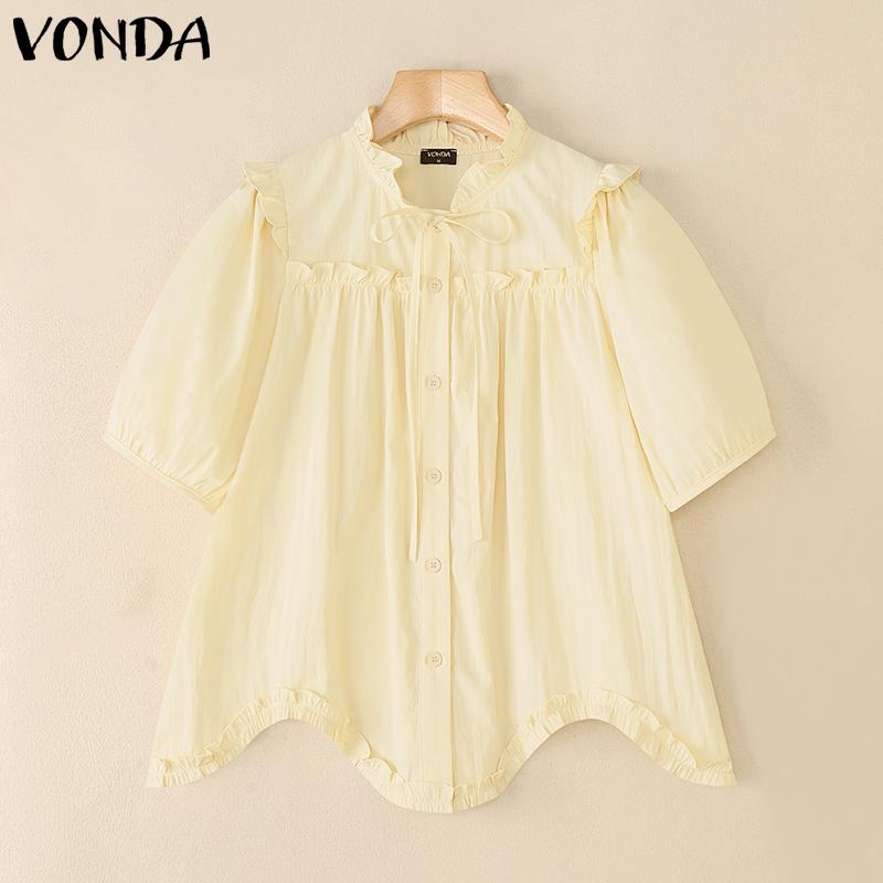 VONDA Women Ruffled Lace-up Neck Short Sleeve Casual Long Blouse