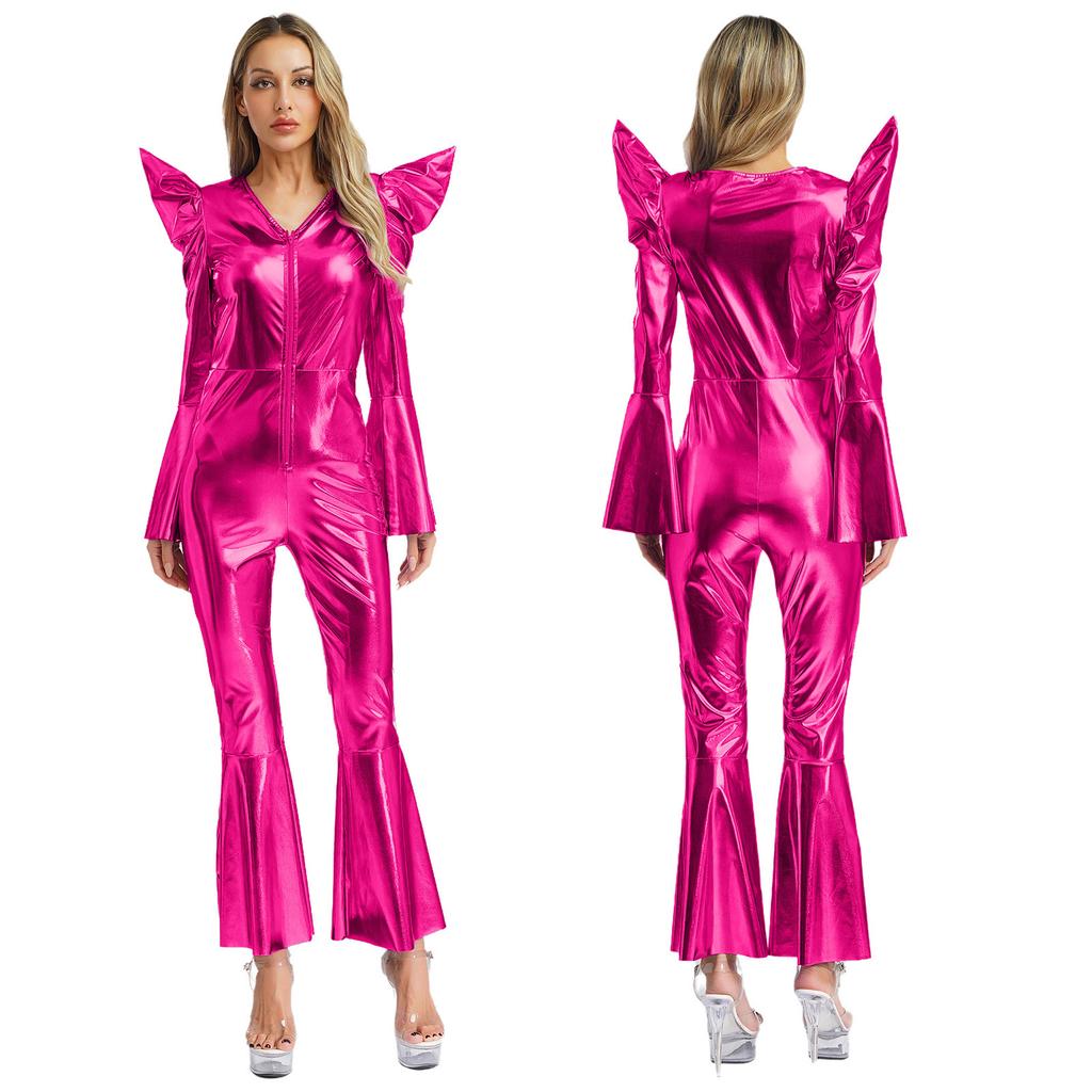 Metallic Shiny Bell Bottom Jumpsuit for Women S-3XL: Disco Style Romper with High Waist & Long Sleeves, Halloween Costume
