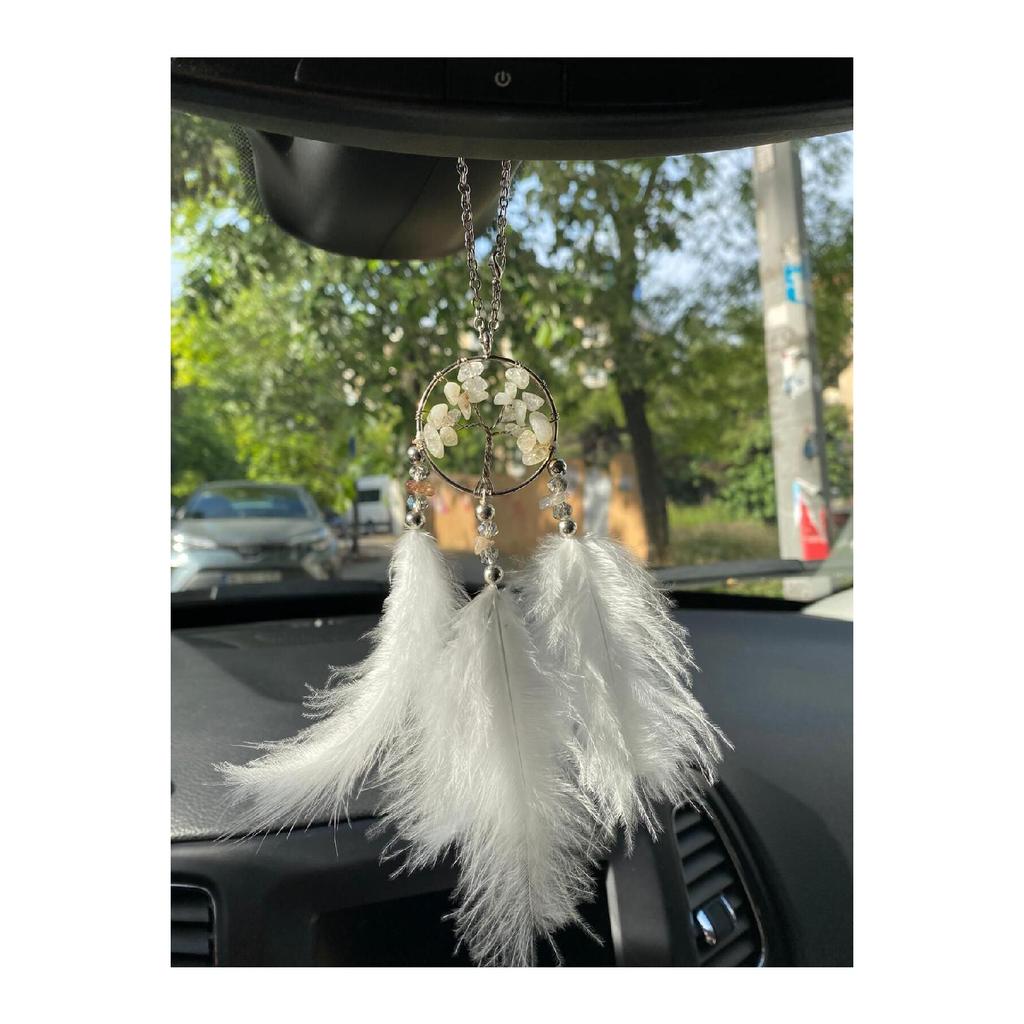 White Tree Of Life, Tree Of Life Natural Stone Feather Rear View Mirror Ornament Car Pendant