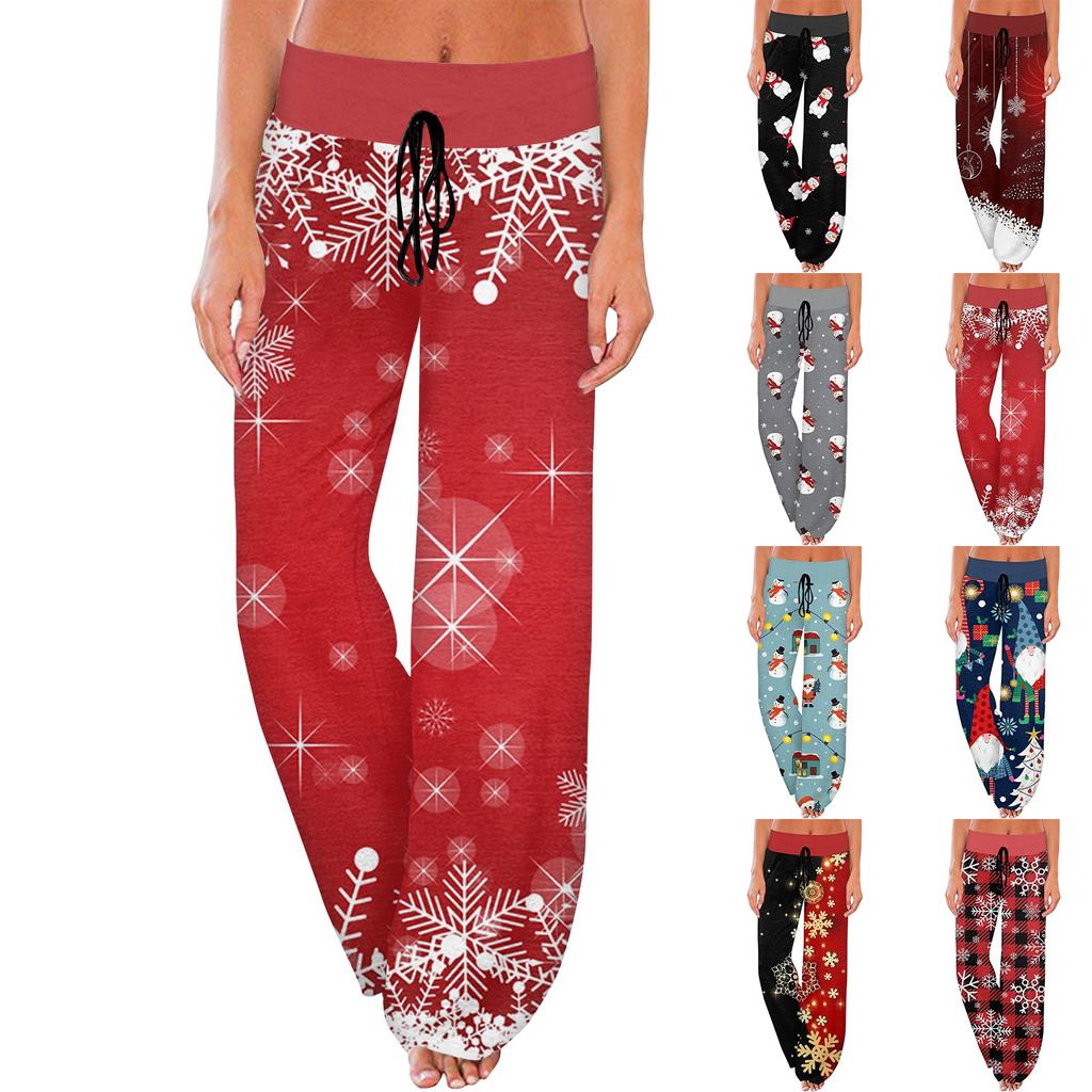 Women's Comfy Pajama Pants Pocket Christmas Print Drawstring Wide Leg Pants