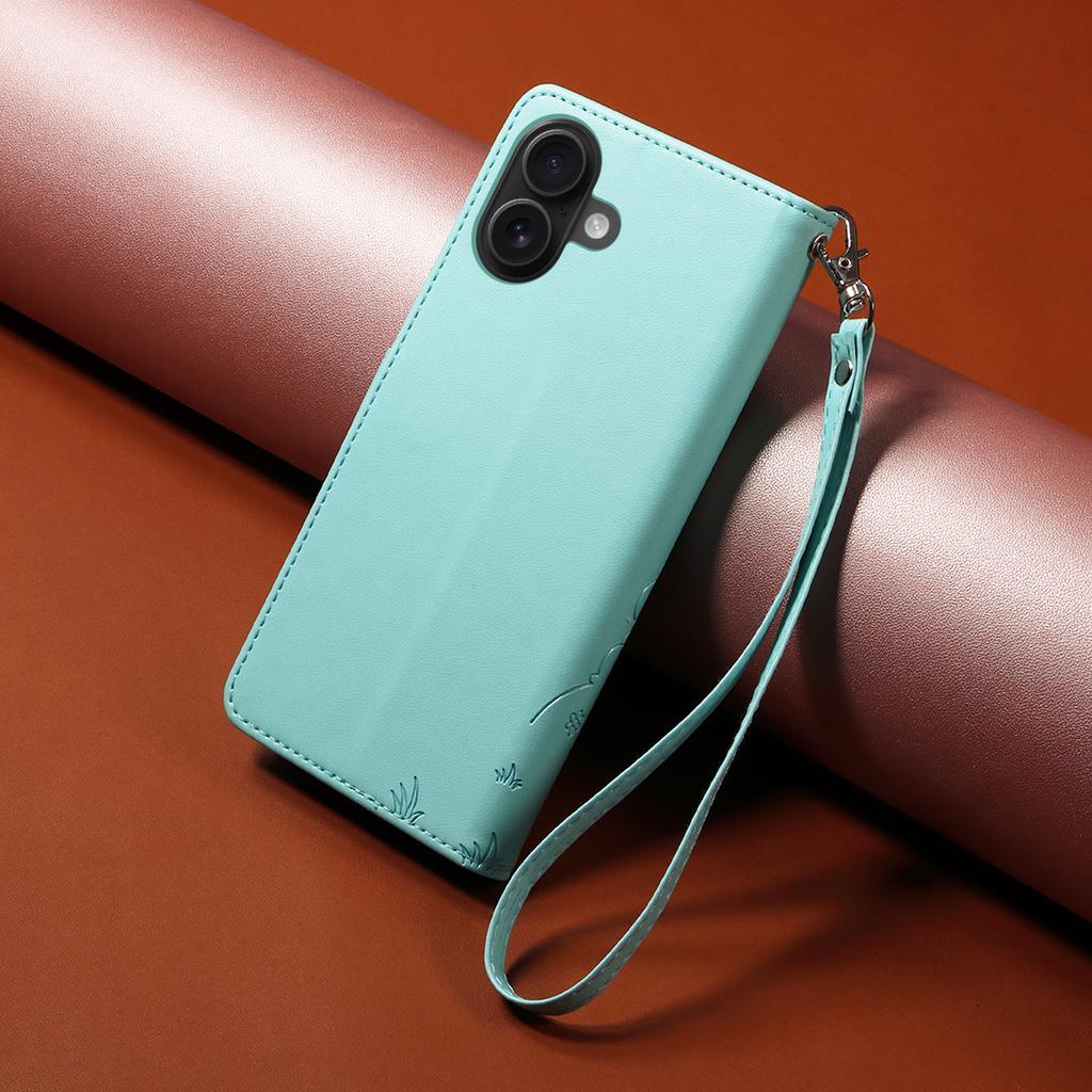 For iPhone 16 Case RFID Blocking Imprinted Dog Pattern PU Leather Phone Cover with Wrist Strap