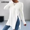 Women's Autumn and Winter Casual Side Split Hem Bottom Solid Colour Round Neck Long Sleeve T-Shirt