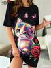 2026 Women's Home Comfortable Kitten Printed Round Neck Short Sleeve Loose A-line Sleeping Dress Summer