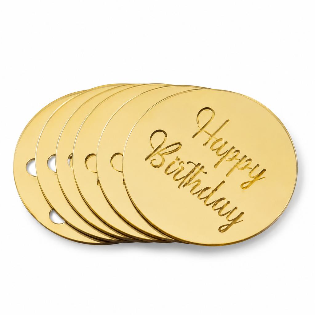 Cake Topper Cards, 10 Gold Round 5 x 5 cm Happy Birthday Plaques for Cupcakes, Mini Cakes, Desserts and Party Decor