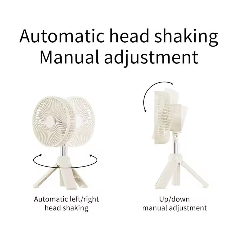 New Portable Camping Fan USB Rechargeable Electric Fan Automatic Head Shaking Folding Ceiling LED Light Tripod Stand Desktop