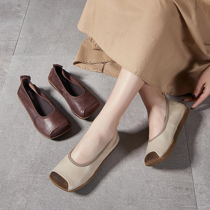 Genuine Leather Women's Shoes Retro and Artistic Square Toe Shallow Women's Single Shoes for Spring and Summer