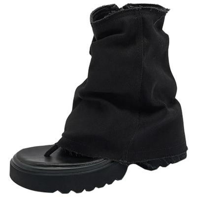 6 см джинсовые синтетические ботильоны на танкетке до колена, модные босоножки для отдыха с застежкой-молнией на носке, летняя женская обувь