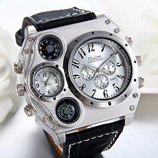 JewelryWe Fashion Mens Multifunctional Watch Numeric Dial Analog Display Leather Band Sports Compass Thermometer Function Silver Black