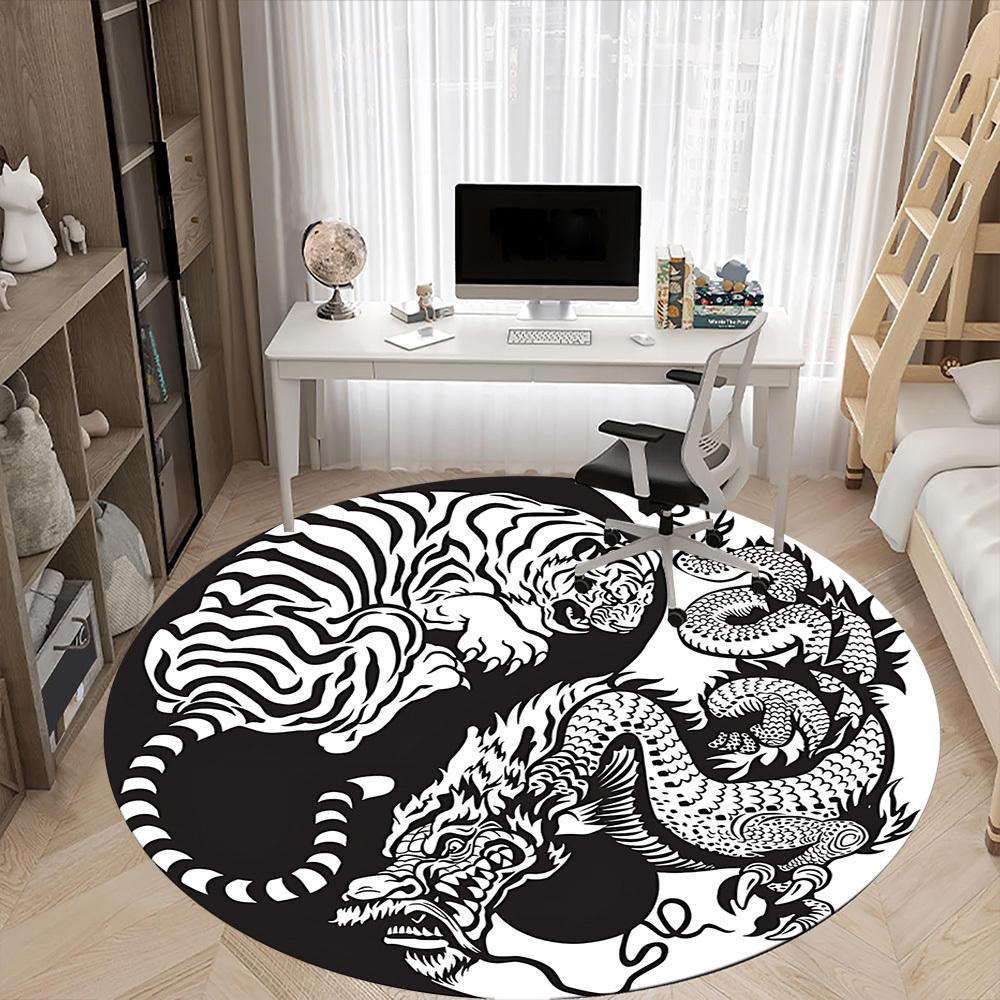 1pc Tiger Dragon YinYang Office Round Area Rug, Under Office Chairs Bedroom Living Room Home Decor, Room Deco, Available in Various Sizes
