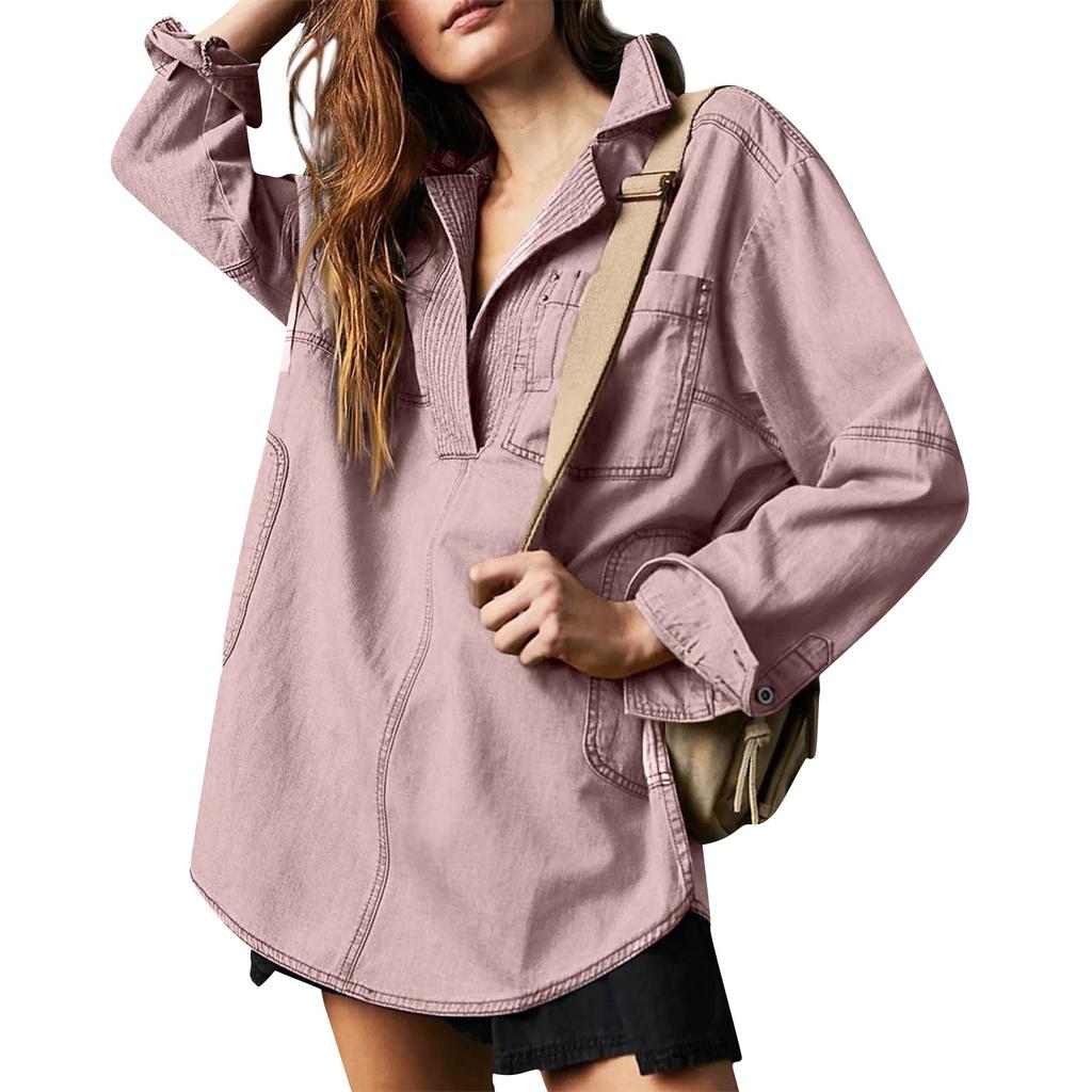 Women's Denim Pullover Casual Button V Neck Blouse Loose Fit Long Sleeve Jean Jacket With Pocket