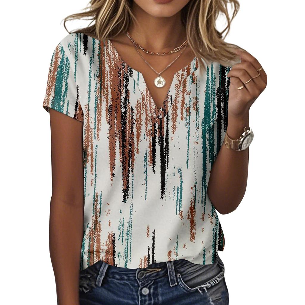 Женская повседневная футболка с цветочным принтом, пуловер с V-образным вырезом и коротким рукавом