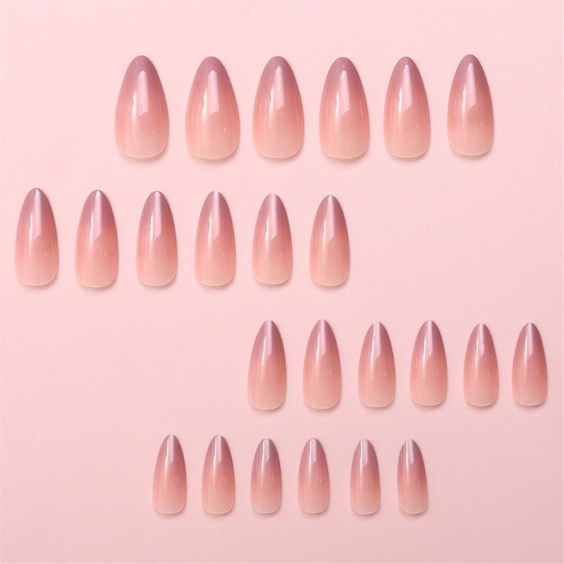 Oval Almond Acrylic Press On Nails 24Pcs Pink White Gradient False Nails with Glossy Finish for Women and Girls