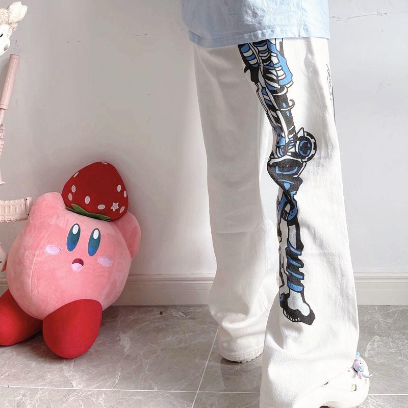 Брюки в стиле аниме, женские летние уличные брюки Y2k, белые брюки с принтом в стиле Харадзюку, киберпанк