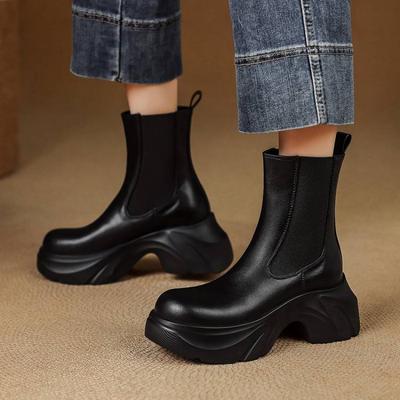 Осенне-зимние женские ботинки на среднем каблуке большого размера, рукав, однотонные, с круглым носком, водонепроницаемая платформа, средний каблук, модные ботинки, корейская версия