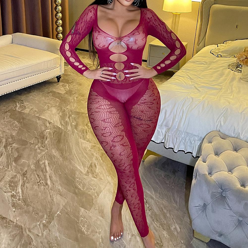 Sex Underwear Long Sleeve Rose Red Halter Jacquard Mesh Sexy Hollow One-Piece Tights
