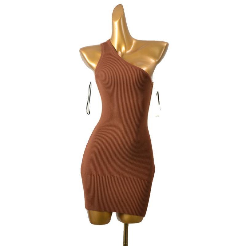 US Fashion Brand Stylish Shoulder Sunken Stripe Silm Bodycon Dress Foreign Trade Original Order Knitting Sexy Sexy Skirt