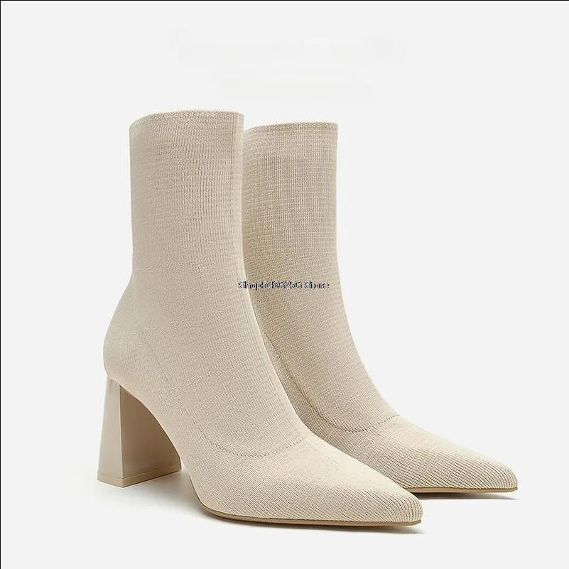 2024 зимние сапоги-носки женские туфли остроносые вязаные эластичные сапоги женские сапоги модные толстые каблуки женские короткие сапоги на высоком каблуке