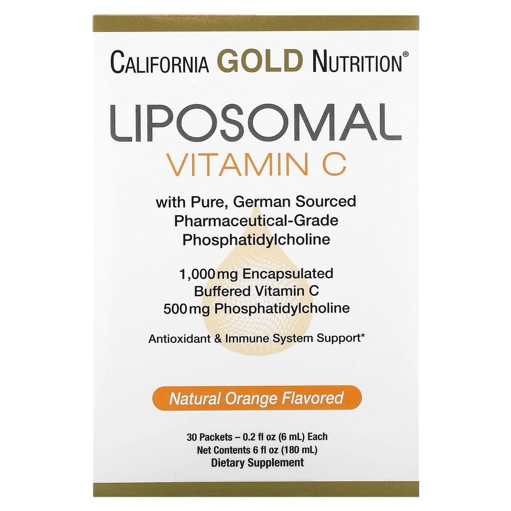 California Gold Nutrition Liposomal Vitamin C, Orange Flavor, 1,000 Mg, 30 Packets, 0.2 Fl Oz (6 Ml) Per Pack