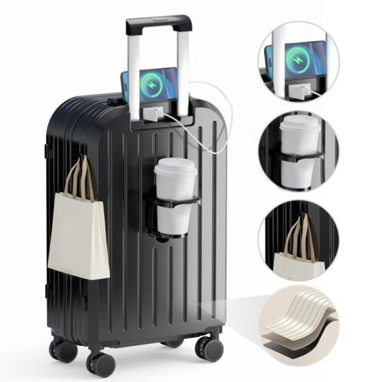 Чемодан 20 дюймов, твердый корпус, устойчивая к царапинам поверхность, USB-интерфейс, подстаканник, крючок для подвешивания и кодовый замок, бесшумное вращающееся колесо, чемодан для багажа